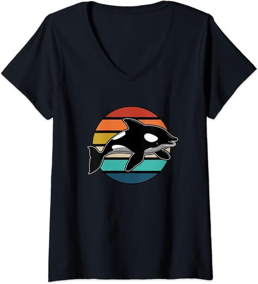 Womens Retro Orca Killer Whale Vintage Style V-Neck T-Shirt