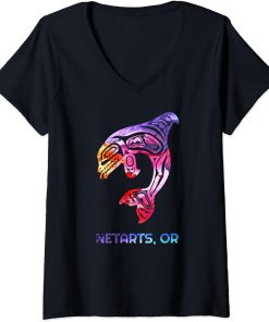 Womens Netarts Oregon PNW Native American Indian Orca Killer Whale V-Neck T-Shirt