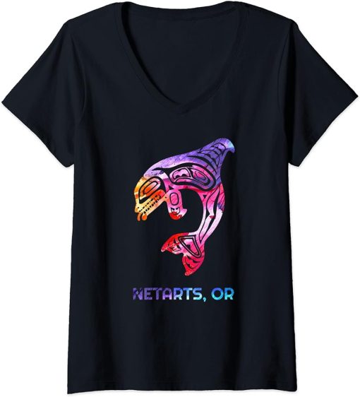 Womens Netarts Oregon PNW Native American Indian Orca Killer Whale V-Neck T-Shirt