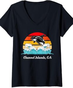 Womens Vintage Channel-Islands CA Distressed Orca Killer Whale Art V-Neck T-Shirt