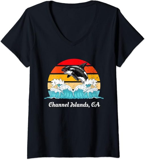 Womens Vintage Channel-Islands CA Distressed Orca Killer Whale Art V-Neck T-Shirt