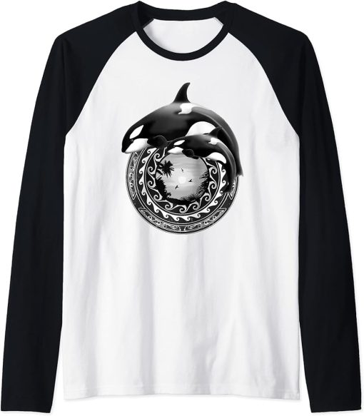 Cute Orca Whales Samoa Polynesian Orcas Raglan Baseball Tee