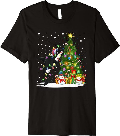 Orca Christmas Tree Lights Pajama Santa Orca Lover Xmas Premium T-Shirt